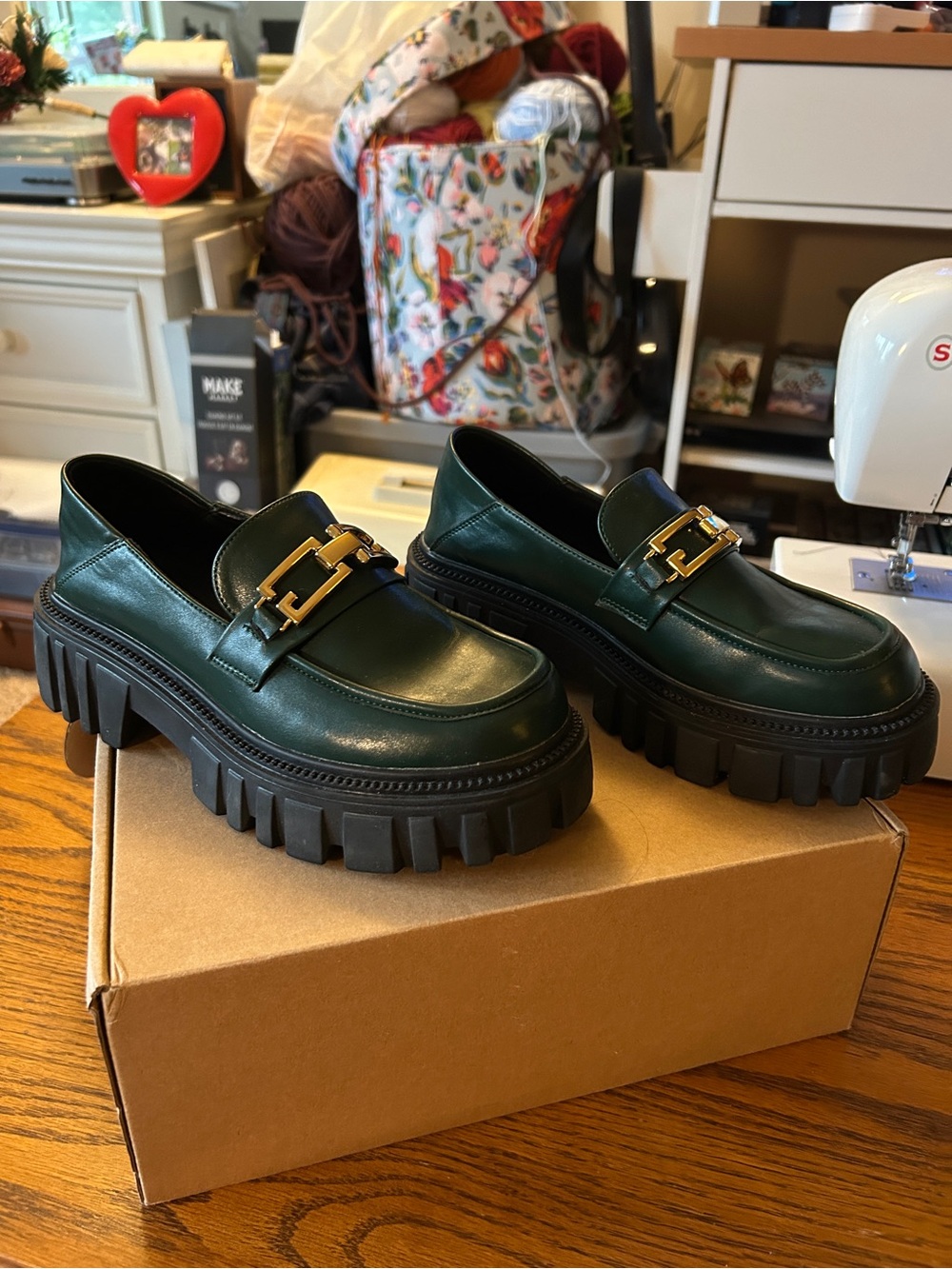 Women's Dark Green Chunky Loafer with Gold Chain Accent